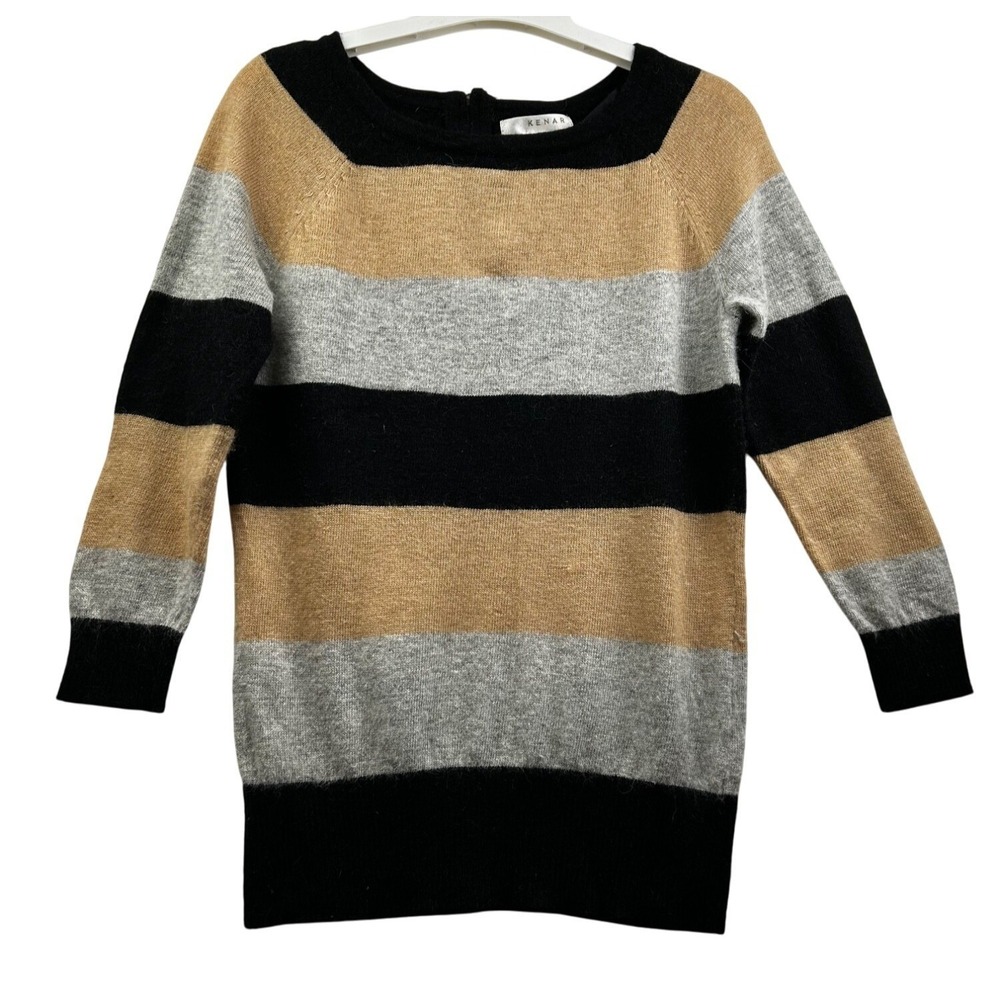 Kenar Sweater Womens Small Striped Angora-Nylon Blend Black Tan Gray‎ Minimalist